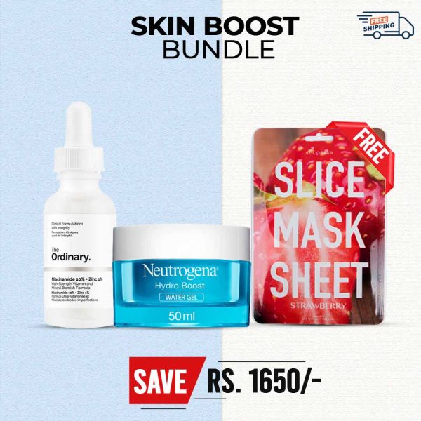 Boost Your Skin Bundle with Water Gel ( The Ordinary Niacinamide 10% + Zinc 1%, Neutrogena Face Moisturizer Water Gel Hydro Boost Normal to Combination Skin, Slice Mask Strawberry ) For Discount